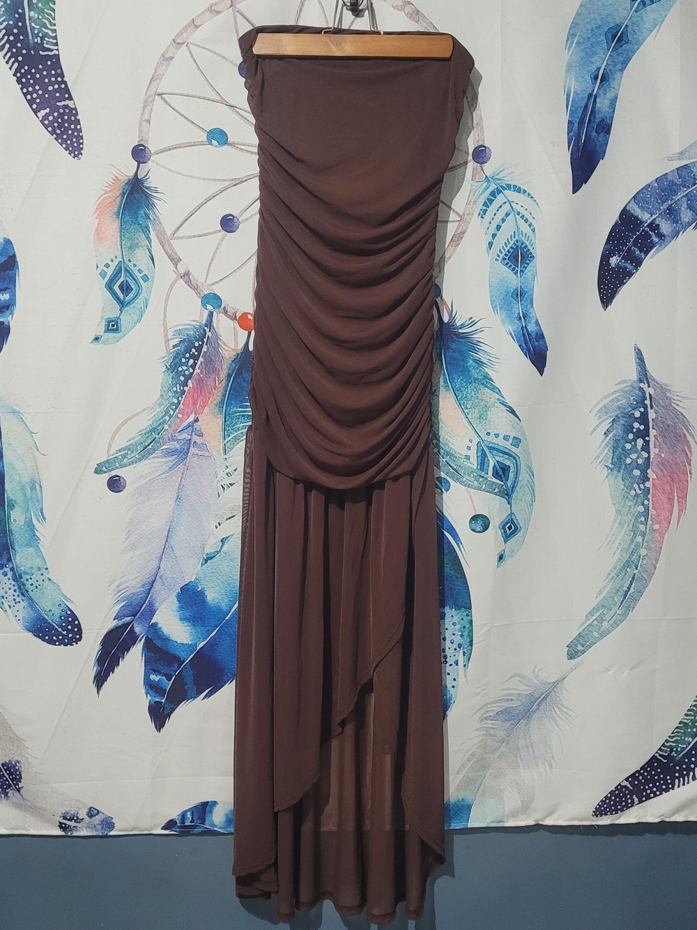 Draped Strapless Brown Maxi Dress